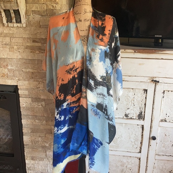 Riah Fashion blue distressed paint splatter open front layering kimono shawl - Picture 5 of 15